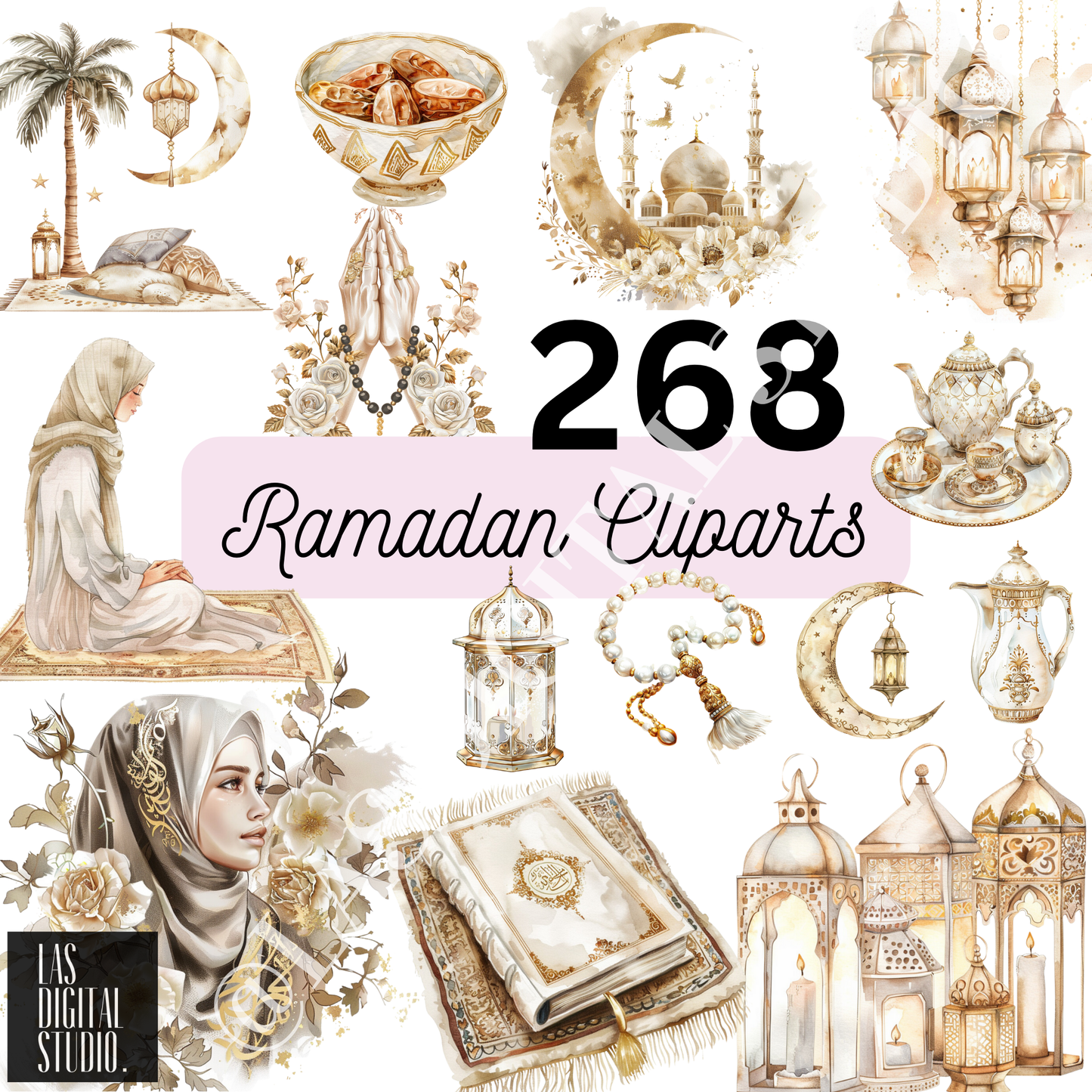 268 Ramadan Watercolor Cliparts To use or Resale, pdf and png and svg Files, MRR & PLR, Editable in Canva, Cliparts Bundle