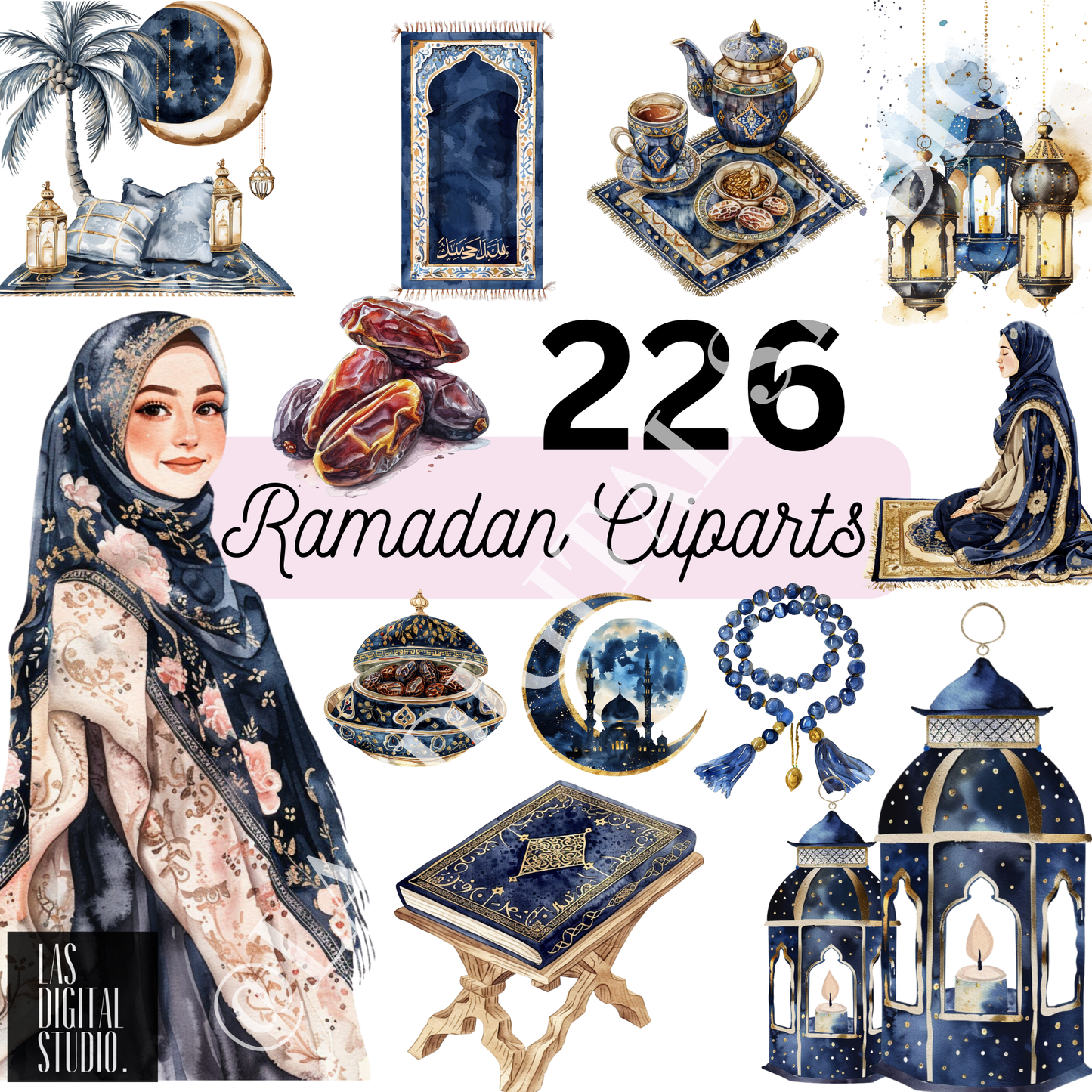 226 Ramadan Watercolor Cliparts To use or Resale, pdf and png and svg Files, MRR & PLR, Editable in Canva, Cliparts Bundle