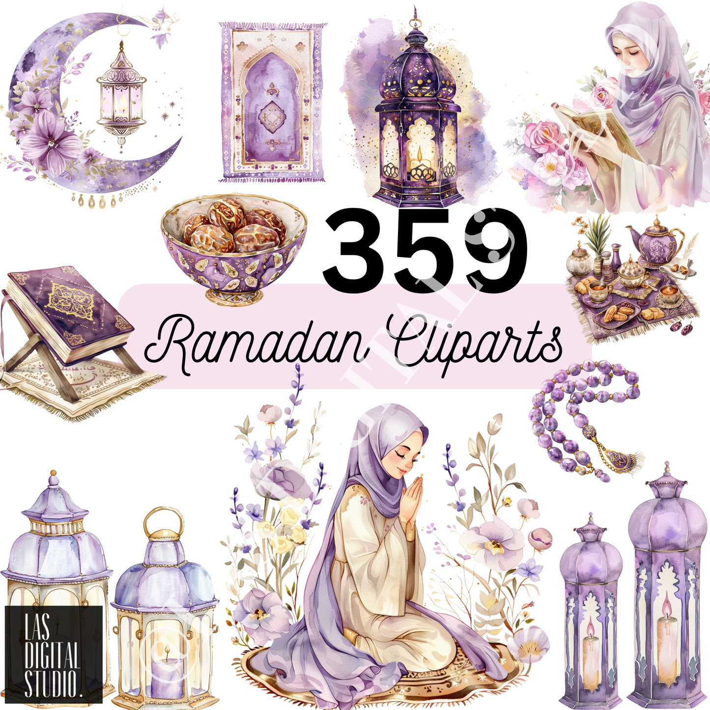 359 Ramadan Watercolor Cliparts To use or Resale, pdf and png and svg Files, MRR & PLR, Editable in Canva, Cliparts Bundle