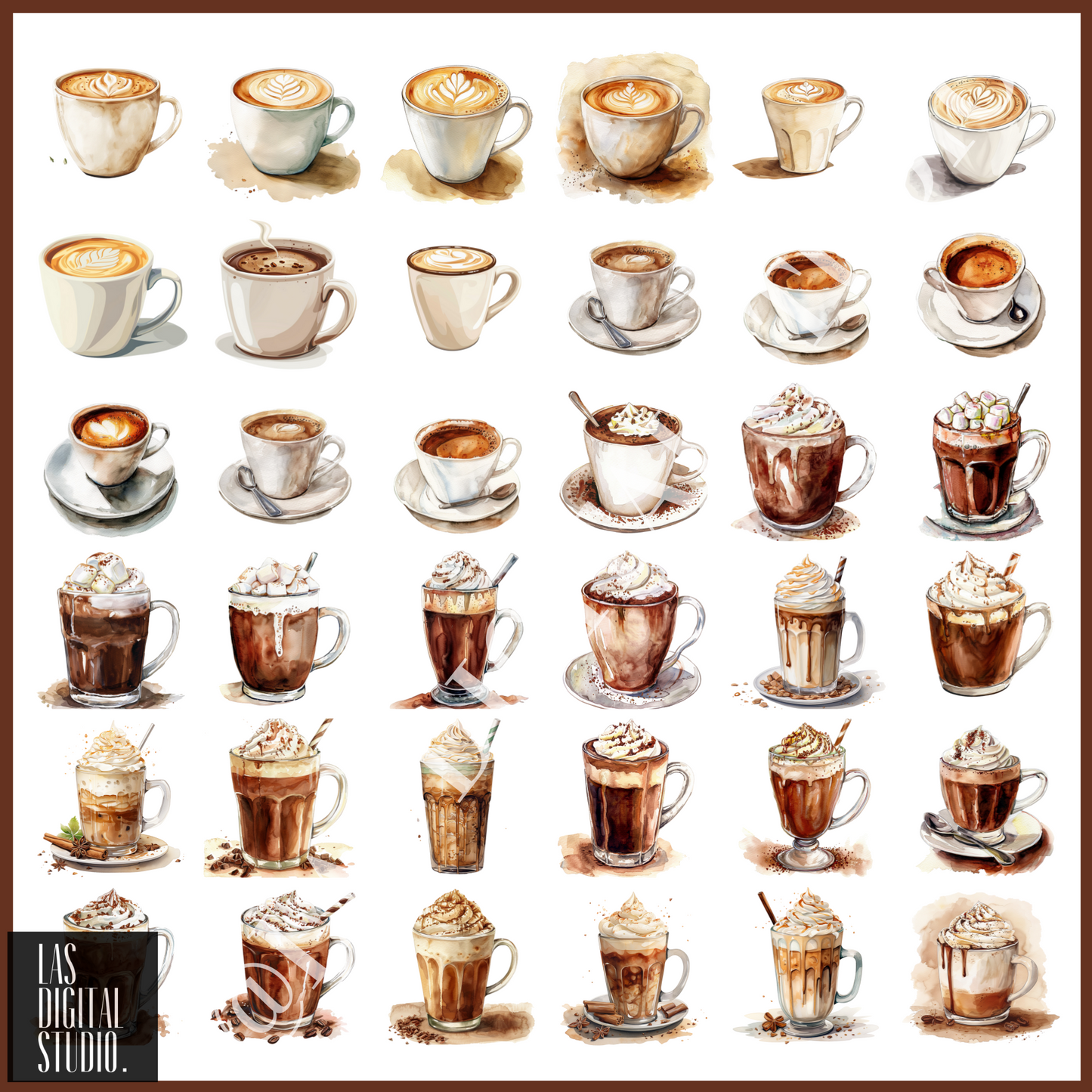150 Coffee latte and Hot chocolate watercolor Cliparts To use or Resell, pdf and png and svg Files, PLR Resell rights, Editable in Canva