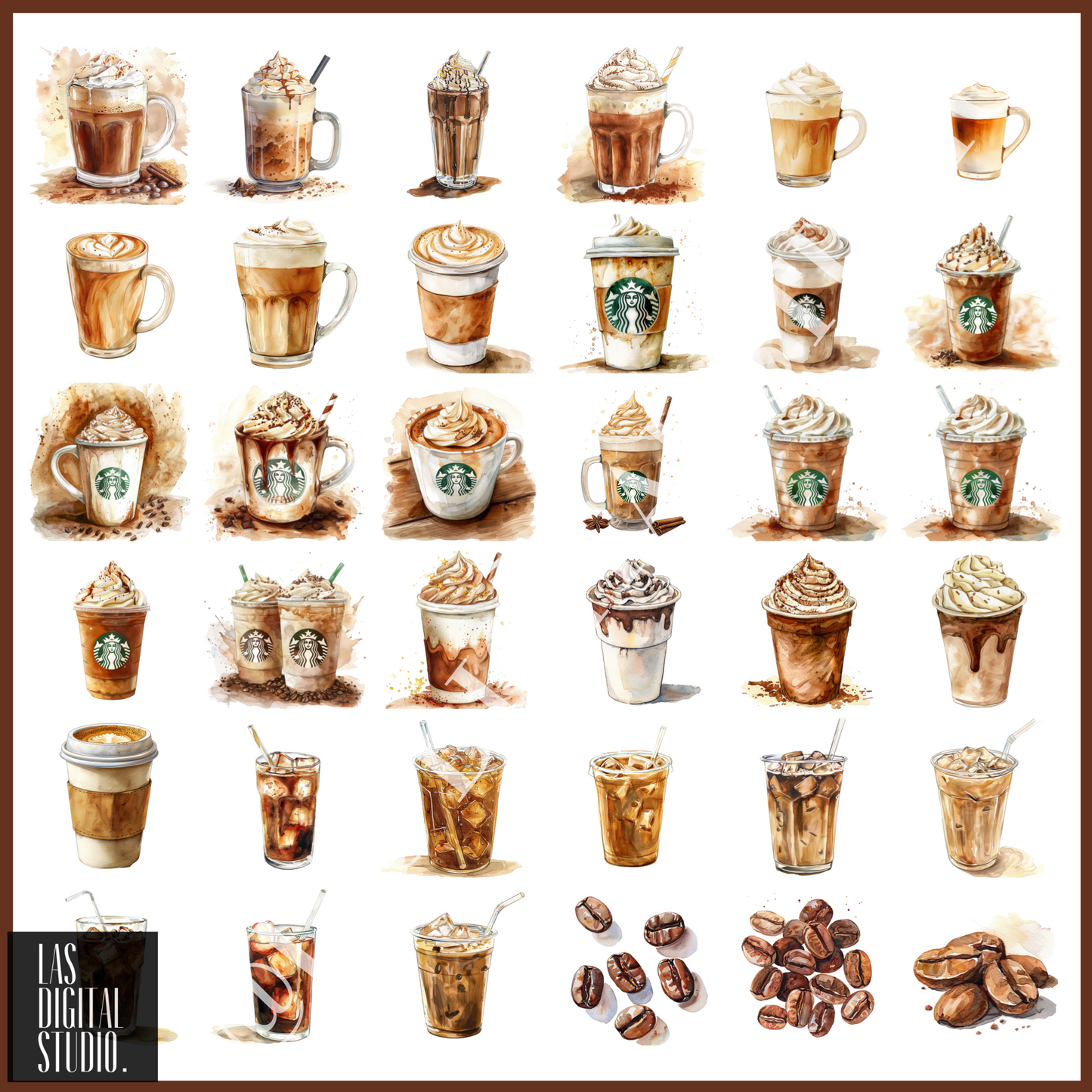 150 Coffee latte and Hot chocolate watercolor Cliparts To use or Resell, pdf and png and svg Files, PLR Resell rights, Editable in Canva