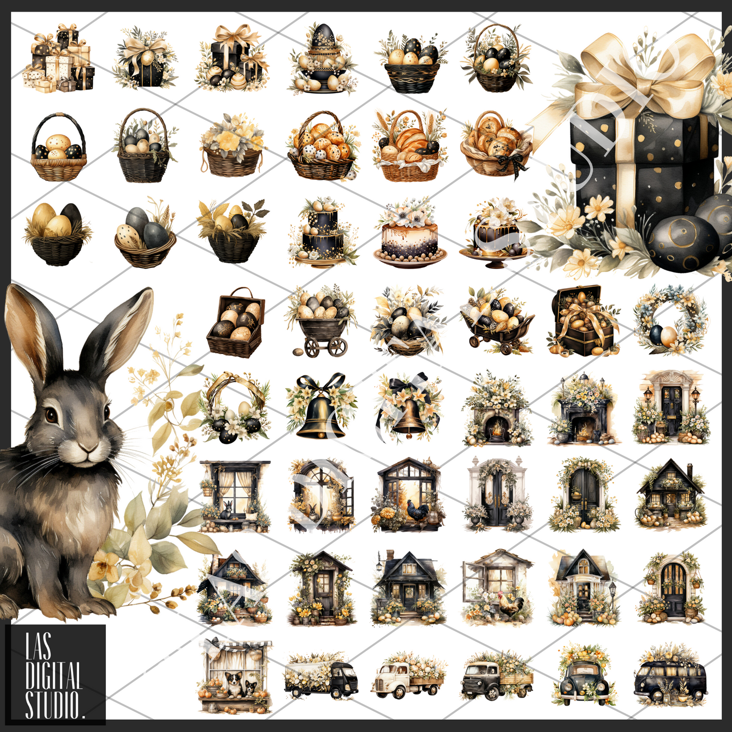 480 Easter Watercolor Cliparts To use or Resale, PNG Files with Transparent Background, PLR Resell rights, Clipart Bundle, Editable on Canva