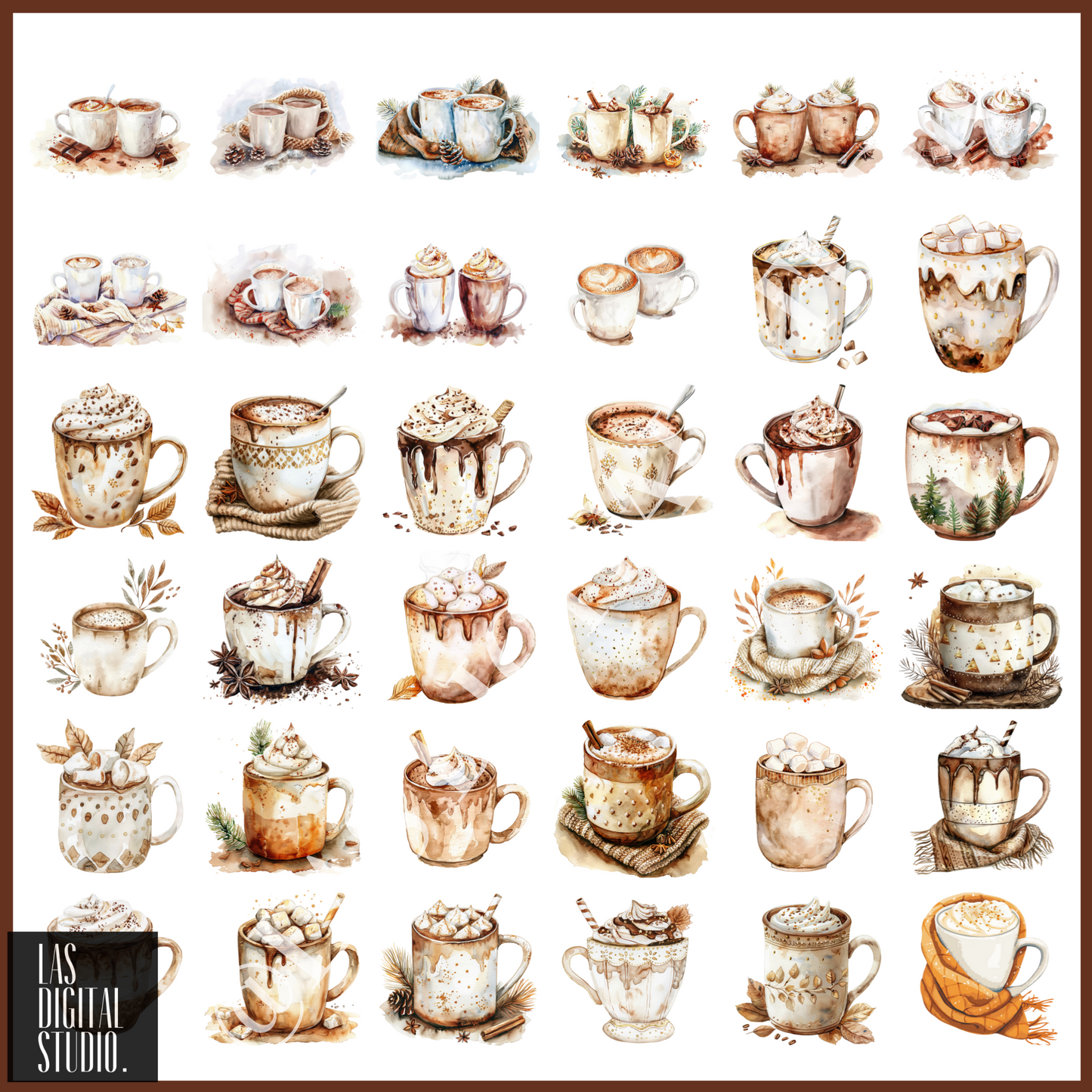 150 Coffee latte and Hot chocolate watercolor Cliparts To use or Resell, pdf and png and svg Files, PLR Resell rights, Editable in Canva