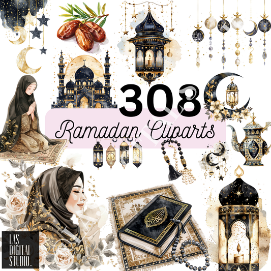 308 Ramadan Watercolor Cliparts To use or Resale, pdf and png and svg Files, MRR & PLR, Editable in Canva, Cliparts Bundle