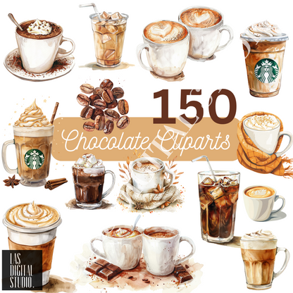150 Coffee latte and Hot chocolate watercolor Cliparts To use or Resell, pdf and png and svg Files, PLR Resell rights, Editable in Canva
