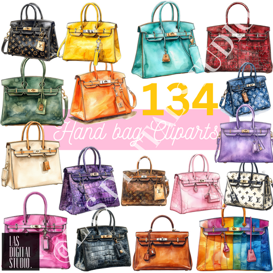 134 Luxury Hand Bags Watercolor Cliparts To use or Resell, pdf and png and svg Files, PLR Resell rights, Editable in Canva, Cliparts Bundle