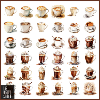 150 Coffee latte and Hot chocolate watercolor Cliparts To use or Resell, pdf and png and svg Files, PLR Resell rights, Editable in Canva